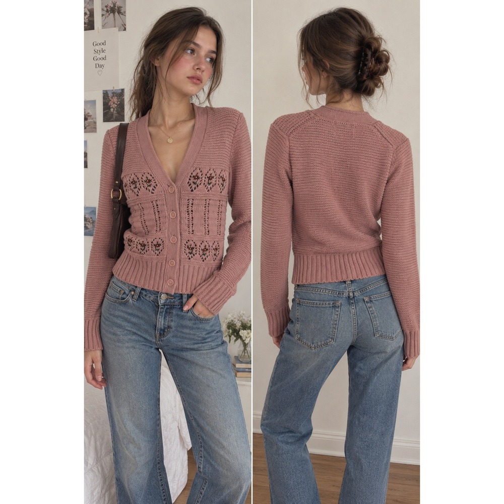 VTG 80s Cardigan Sweater Womens M Pink Floral Embroidered V-Neck Knit Pointelle